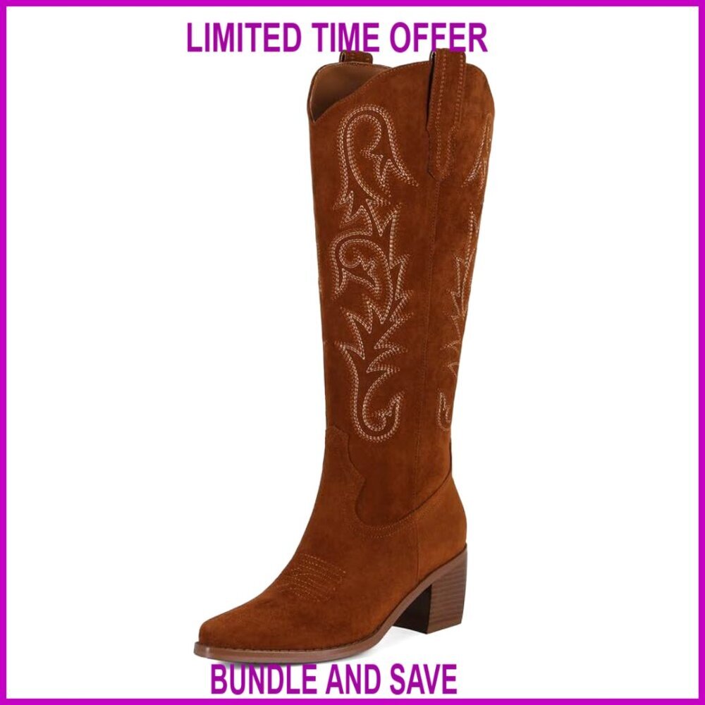 Women's Knee High Cowboy Boots Chunky Heel Western Pull On Pointed Toe